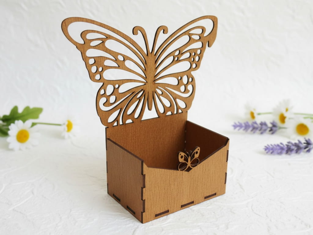 Laser Cut Wooden Butterfly Box Flower Basket