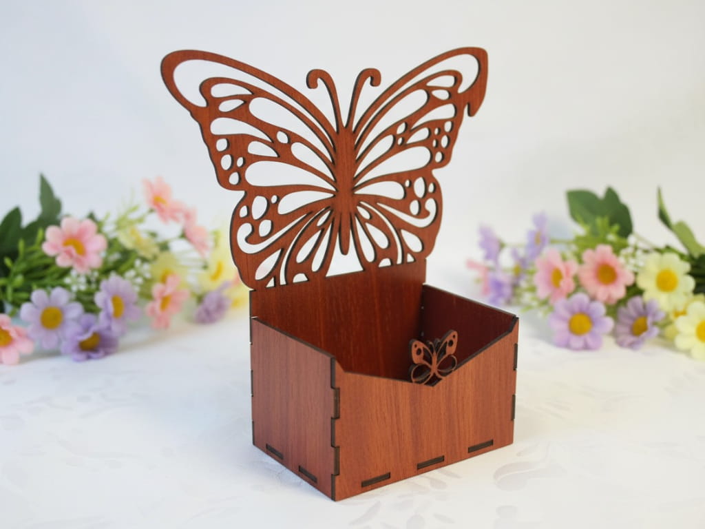 Laser Cut Wooden Butterfly Box Flower Basket