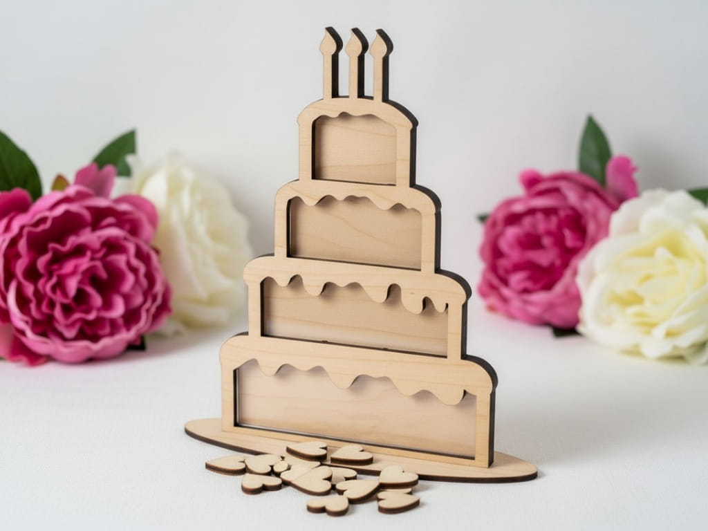 Laser Cut Wedding Cake Shaped Wooden Guest Book