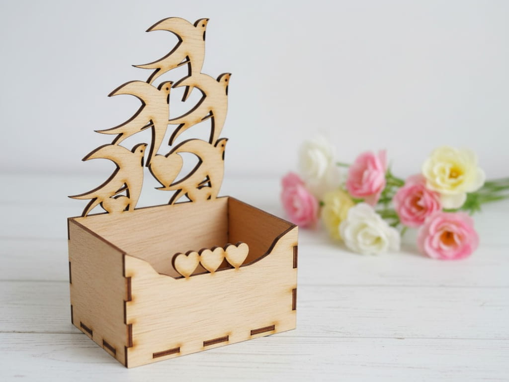 Laser Cut Wooden Birds Flower Basket Box Centerpiece