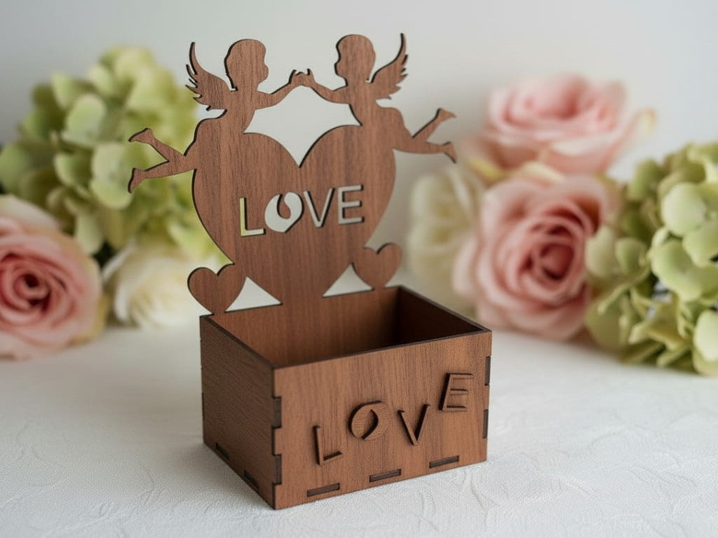 Laser Cut Heart with Angels Romantic Flower Basket Box
