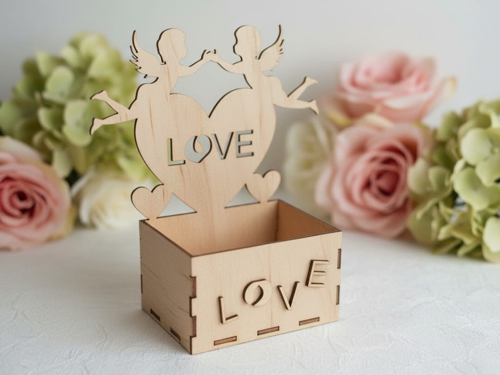 Laser Cut Heart with Angels Romantic Flower Basket Box