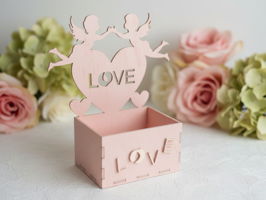 Laser Cut Heart with Angels Romantic Flower Basket Box