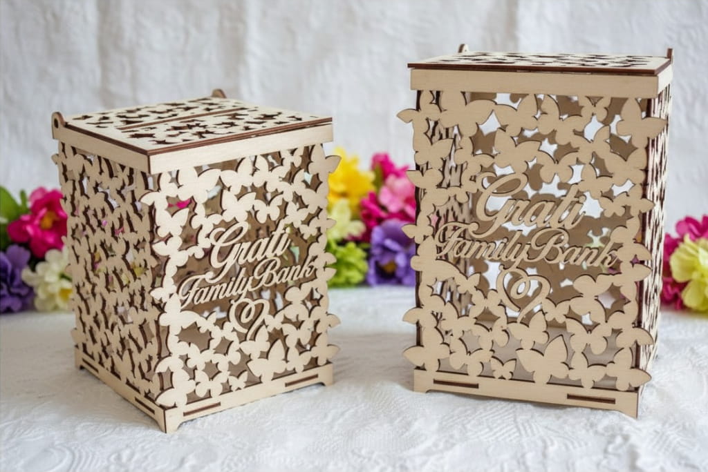Laser Cut Wooden Card Box Family Bank for Wedding