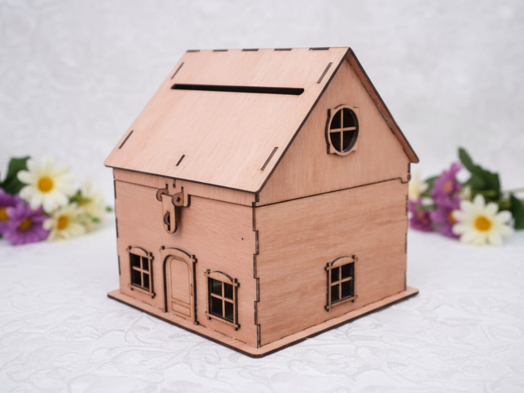 Laser Cut Wooden House Wedding Card Box Envelope Holder