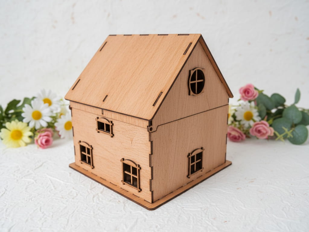 Laser Cut Wooden House Wedding Card Box Envelope Holder