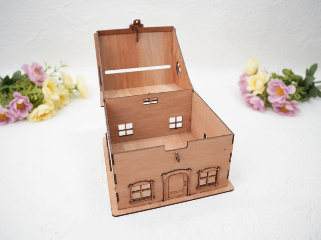 Laser Cut Wooden House Wedding Card Box Envelope Holder
