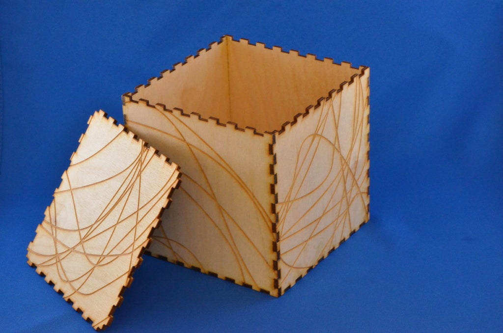 Laser Cut Wooden Square Box with Abstract Line Engraving