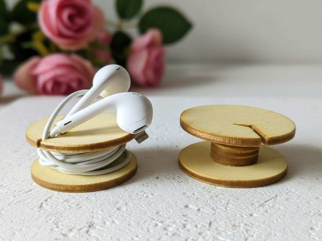 Laser Cut Wooden Headphone Organizer Tangle Free Earbud Holder