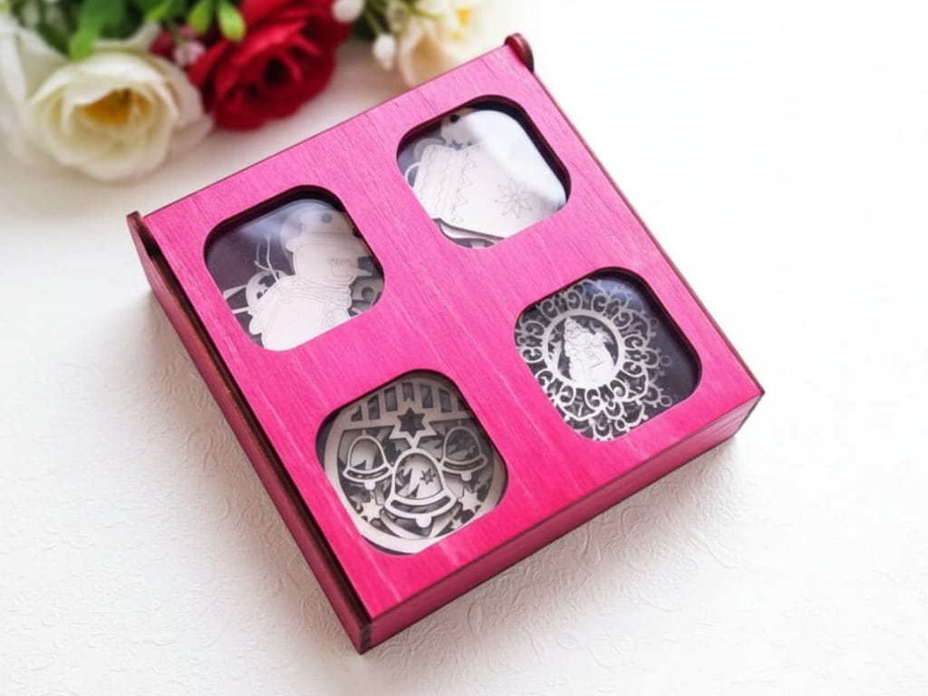 Laser Cut Wooden Gift Box with Christmas Ornaments