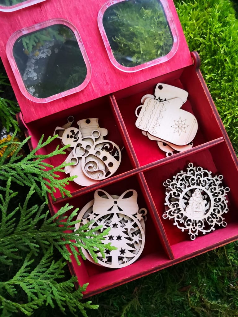 Laser Cut Wooden Gift Box with Christmas Ornaments