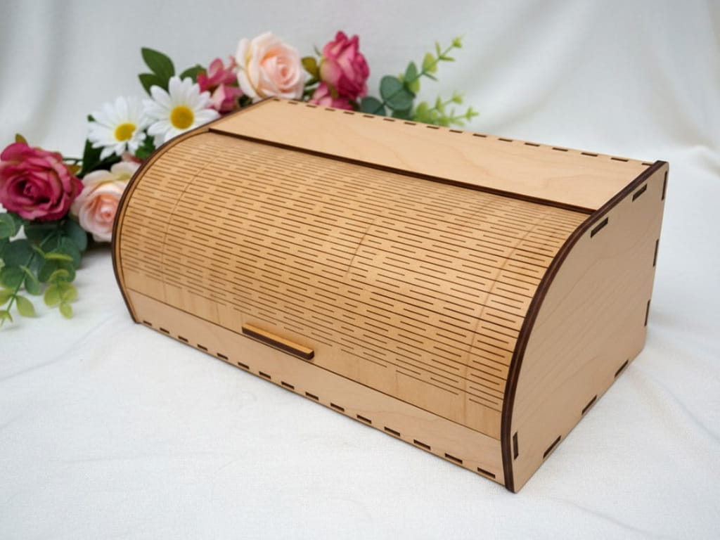 Laser Cut Wooden Bread Box with Roll Top Lid Kitchen Storage