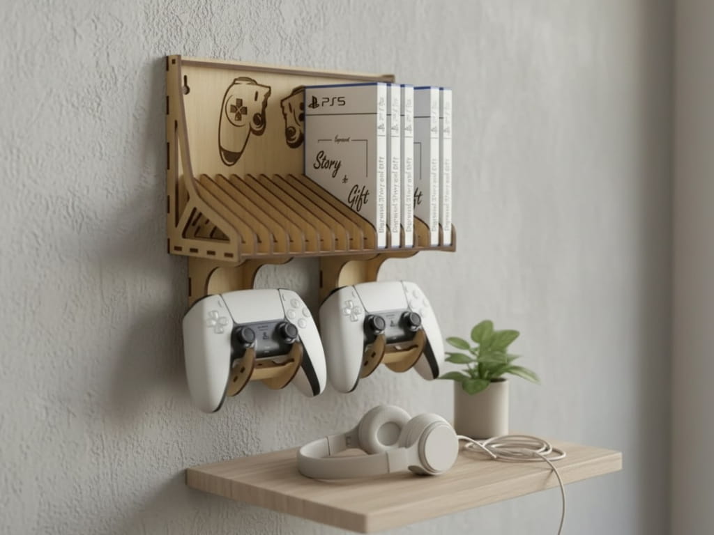 Laser Cut Wooden Wall Mounted Gaming Console Organizer