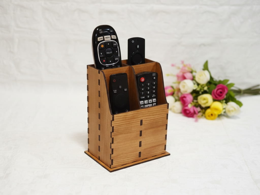Laser Cut Wooden Remote Control Caddy Multi Slot Desk Organizer