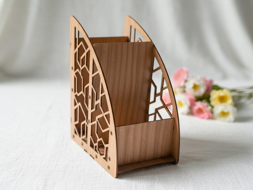 Laser Cut Wooden Remote Control Holder Desktop Storage Organizer