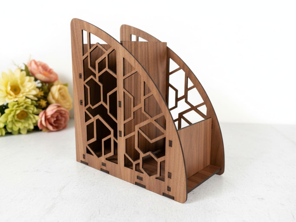 Laser Cut Wooden Remote Control Holder Desktop Storage Organizer