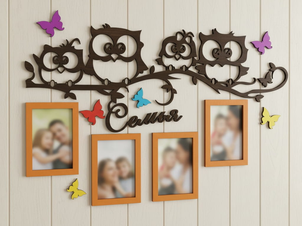 Laser Cut Picture Frame Collage with Owl and Butterfly Wall Decoration