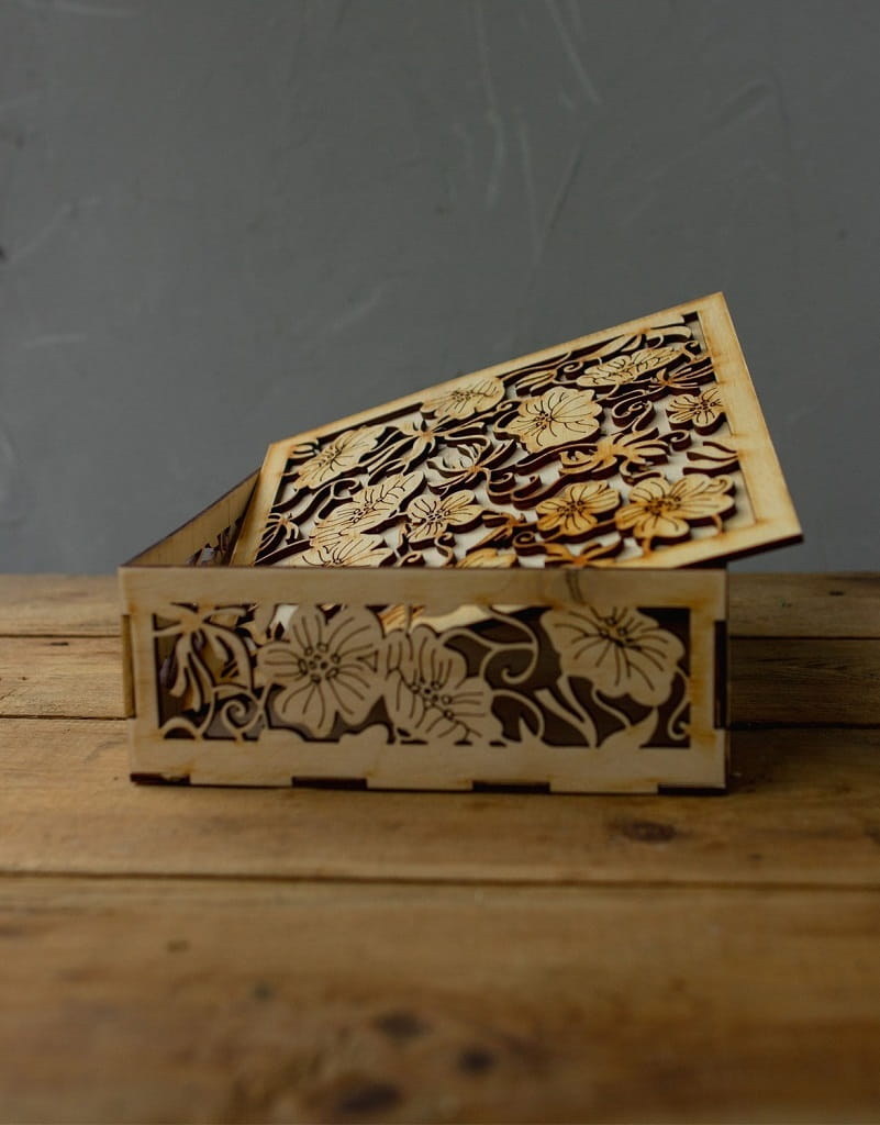 Laser Cut Wooden Decorative Gift Box with Floral Lid Design