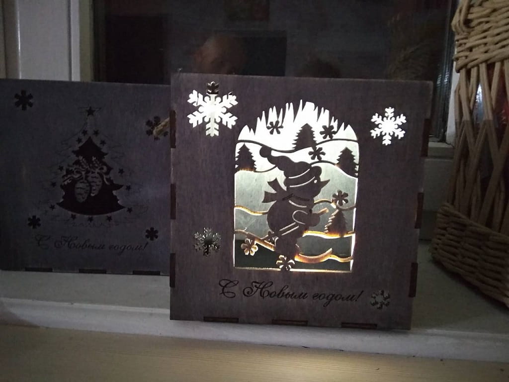 Laser Cut Wooden Winter Scene Light Box with Snowman Design