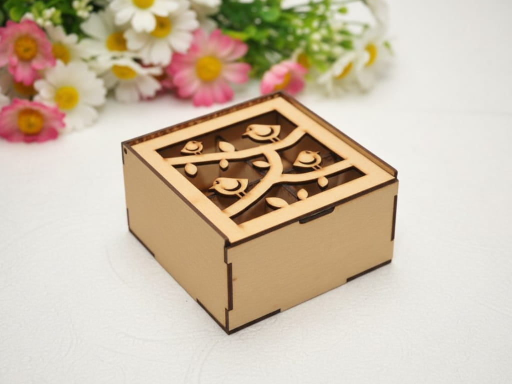 Laser Cut Birds Themed Wooden Box with 4 Compartments