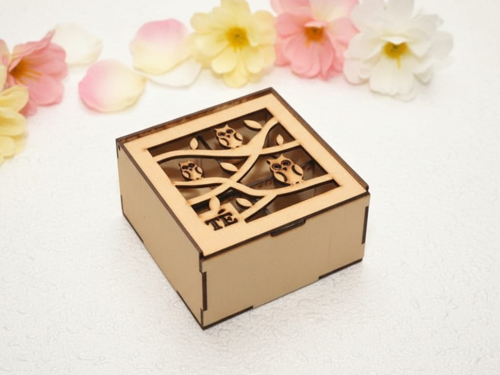 Laser Cut Owl Themed Wooden Box with 4 Compartments