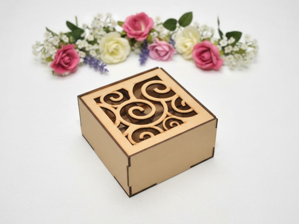 Laser Cut Swirl Design Wooden Box with 4 Compartments