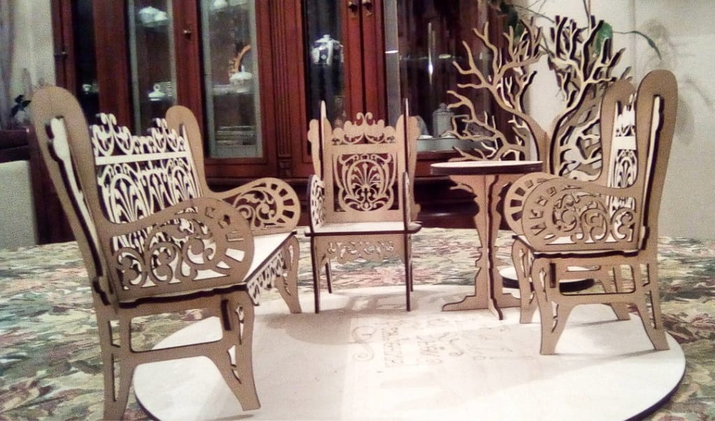 Laser Cut Miniature Bench and Chair Dollhouse Furniture