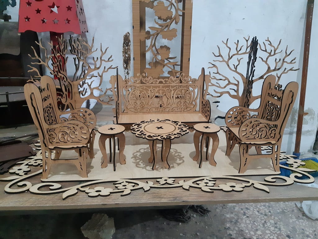 Laser Cut Miniature Bench and Chair Dollhouse Furniture