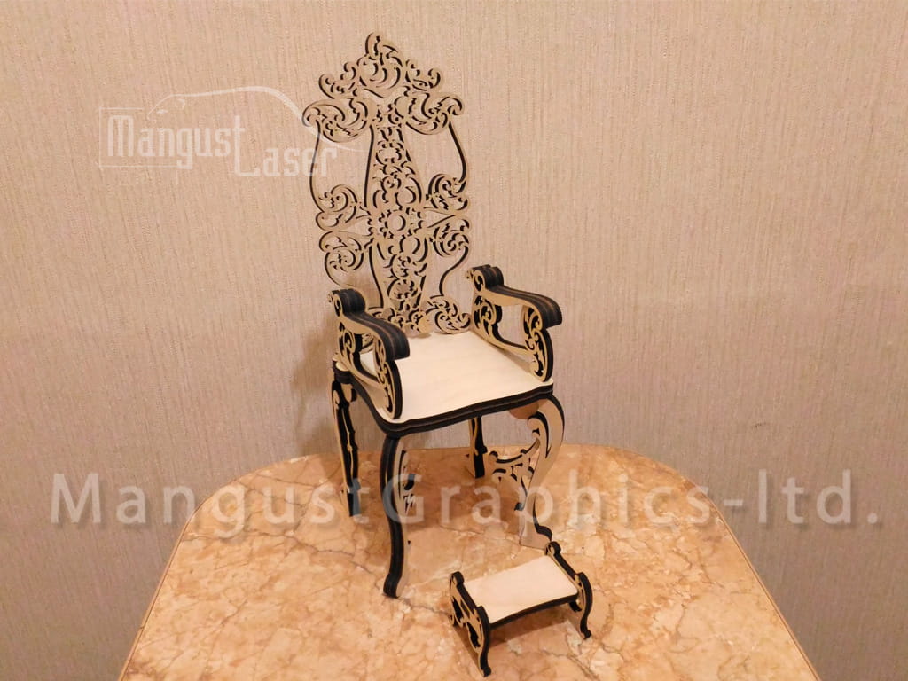 Laser Cut Miniature Wooden Throne Chair with Table