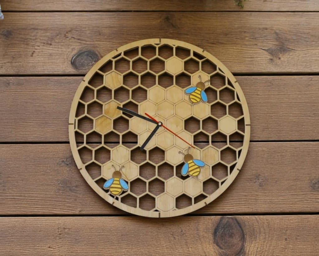 Laser Cut Wooden Honeycomb Bee Wall Clock