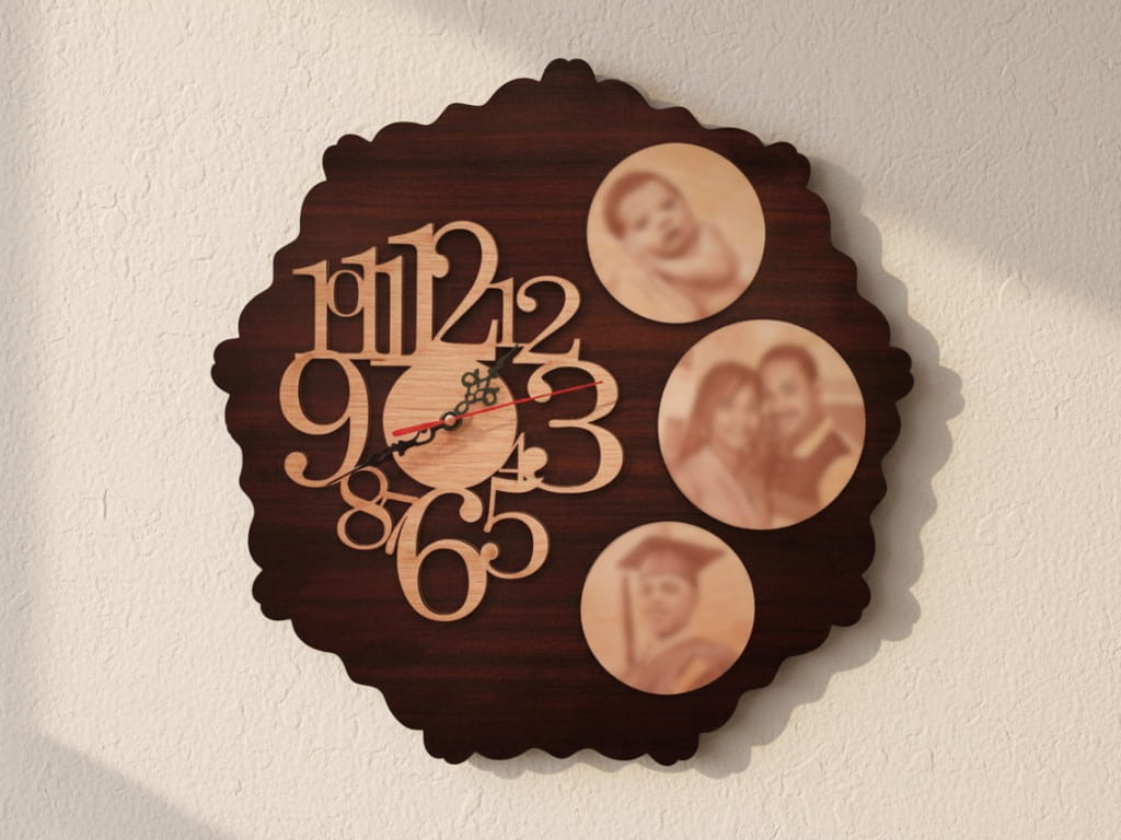 Laser Cut Personalized Wall Clock with Custom Photo Engravings