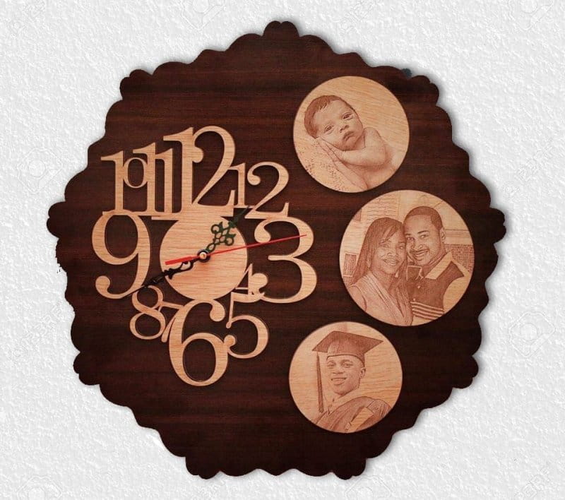 Laser Cut Personalized Wall Clock with Custom Photo Engravings