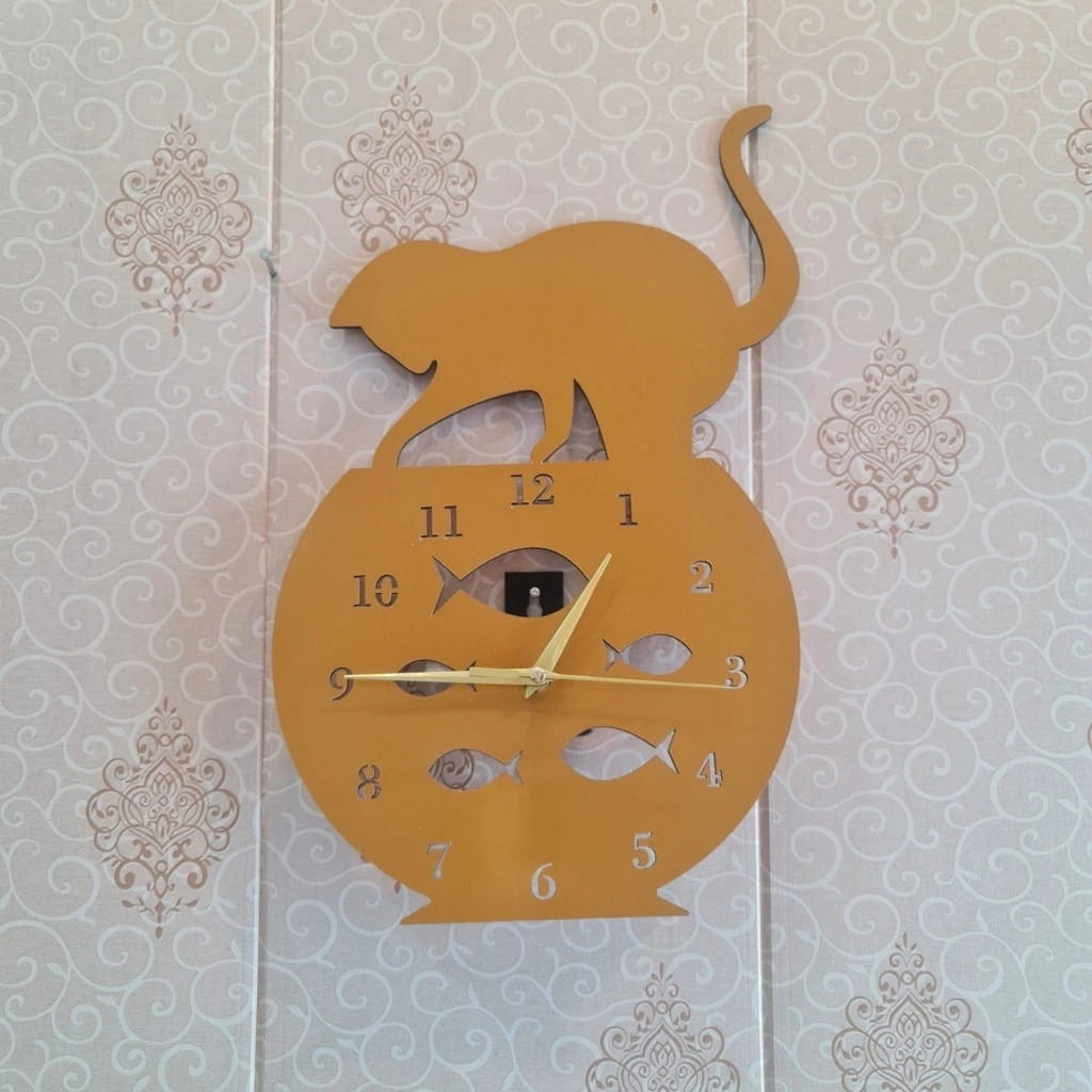Laser Cut Naughty Cat Fish Tank Wall Clock