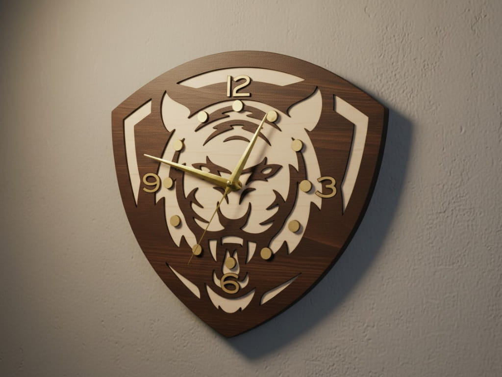 Laser Cut Shield Shaped Multi Layered Tiger Wall Clock