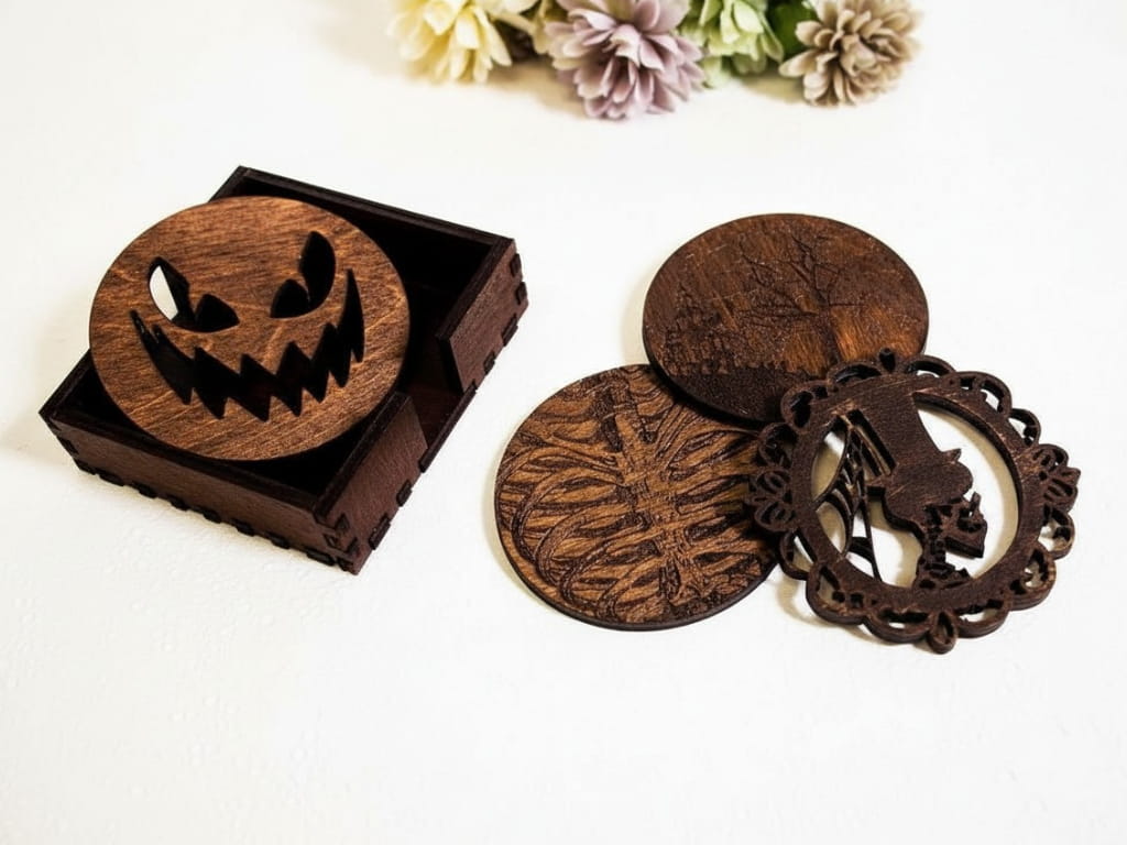 Laser Cut Wooden Halloween Coasters with Holder