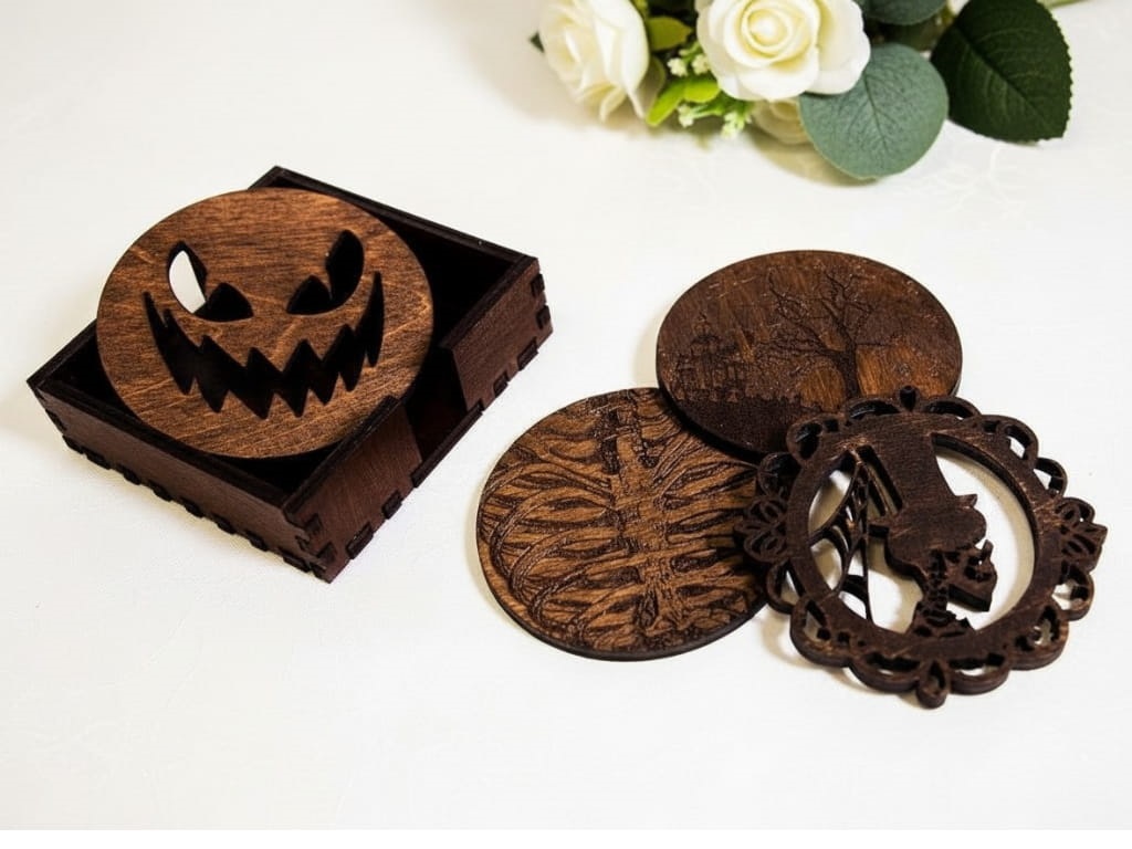 Laser Cut Wooden Halloween Coasters with Holder