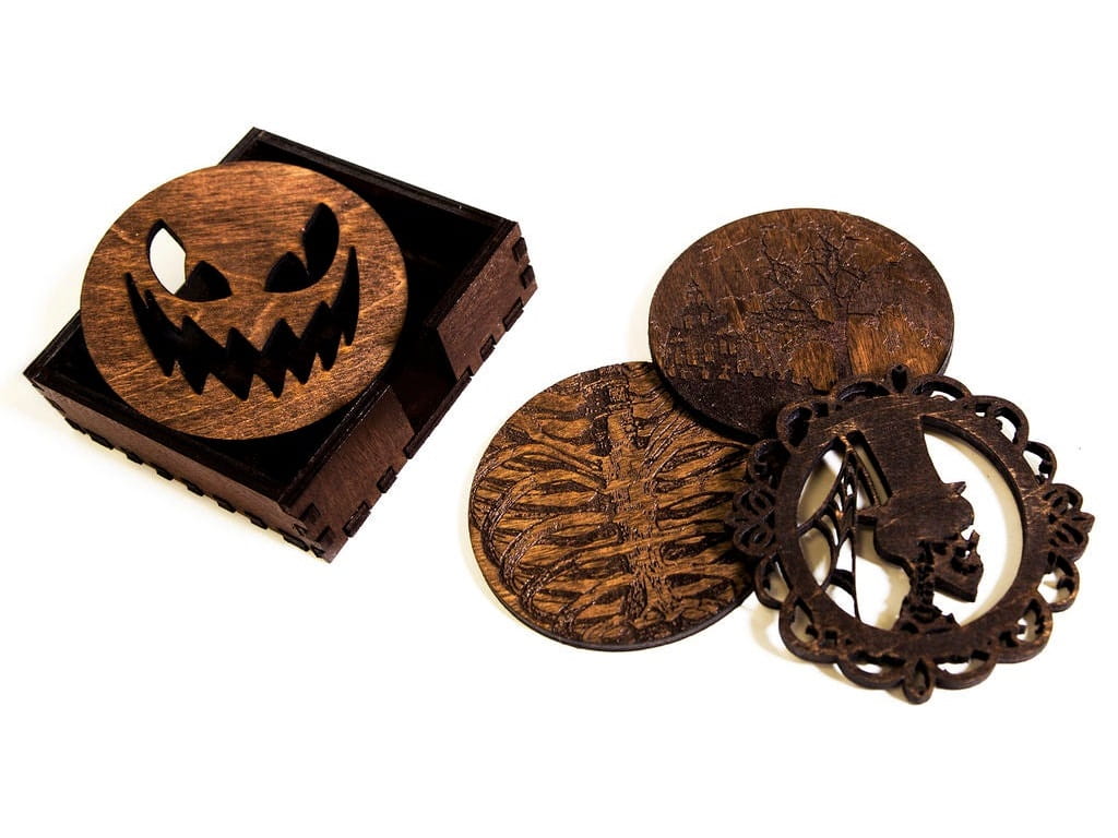 Laser Cut Wooden Halloween Coasters with Holder