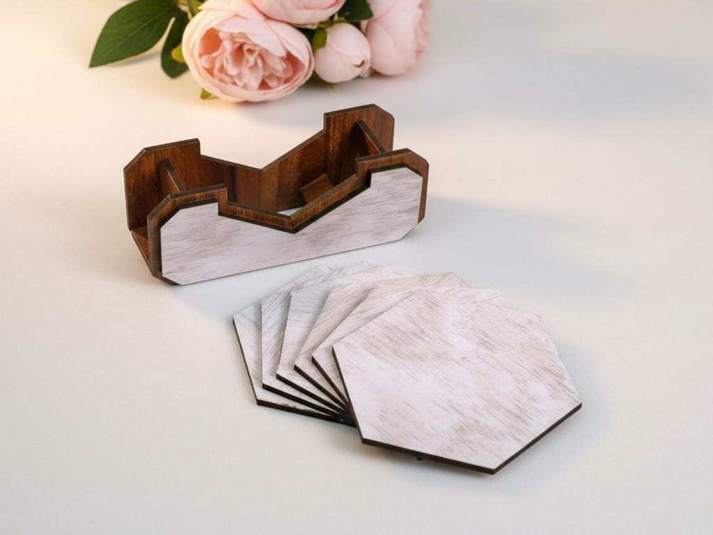 Laser Cut Wooden Coaster Set with Stand