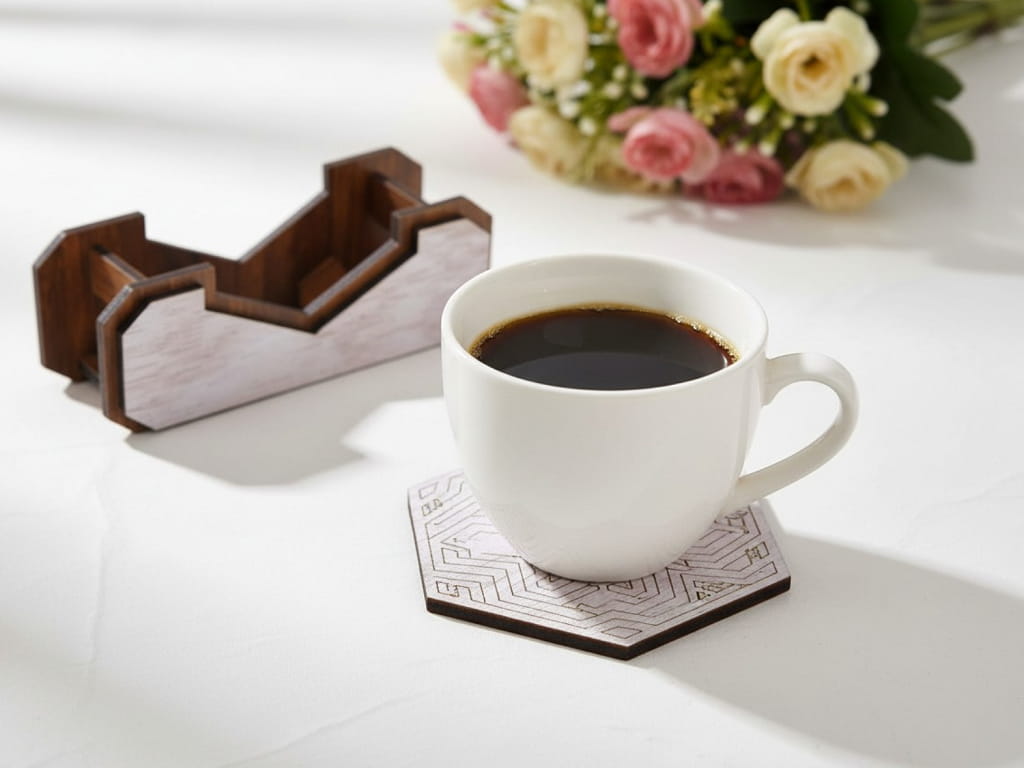 Laser Cut Wooden Coaster Set with Stand