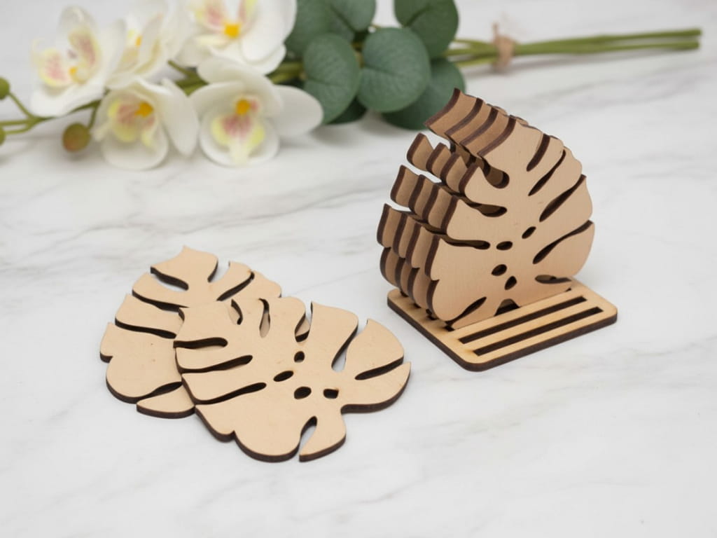 Laser Cut Monstera Leaf Coaster with Stand