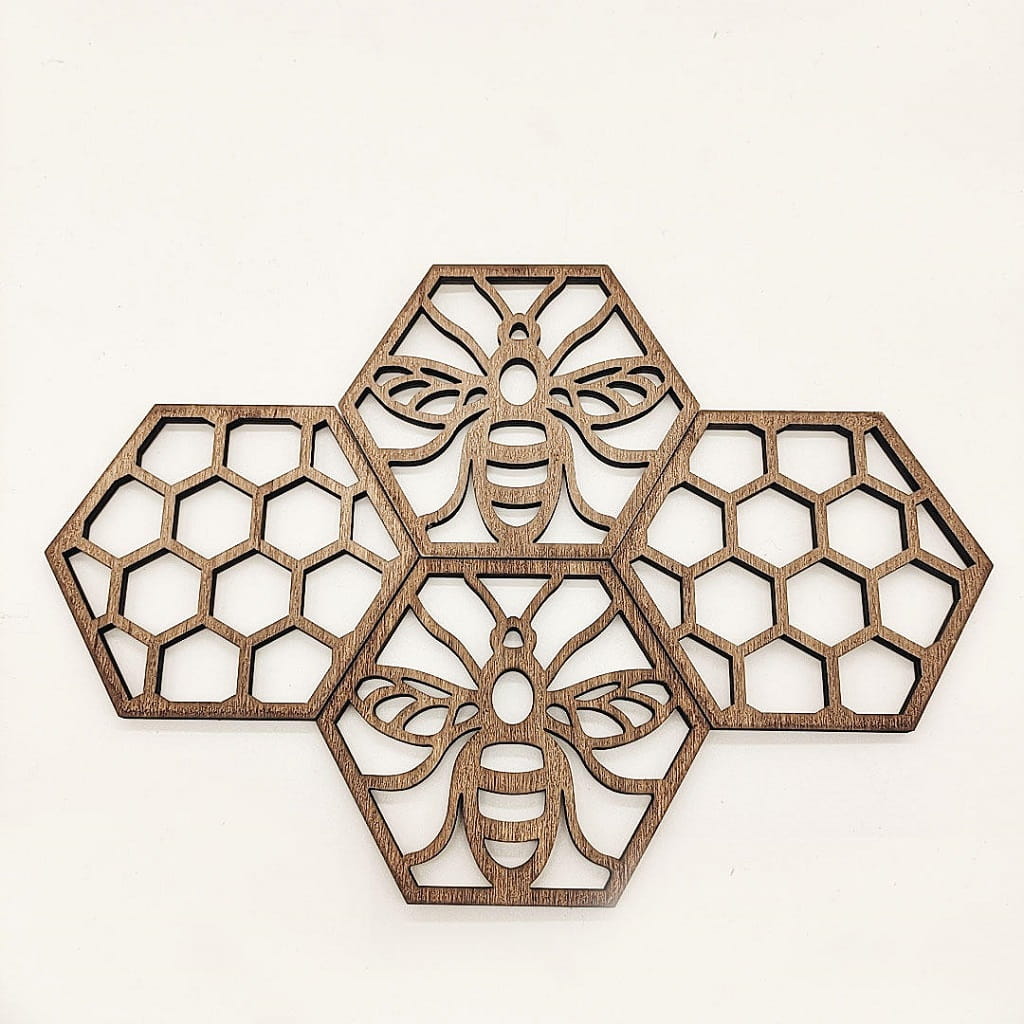 Laser Cut Honeycomb Bee Wooden Coaster Set