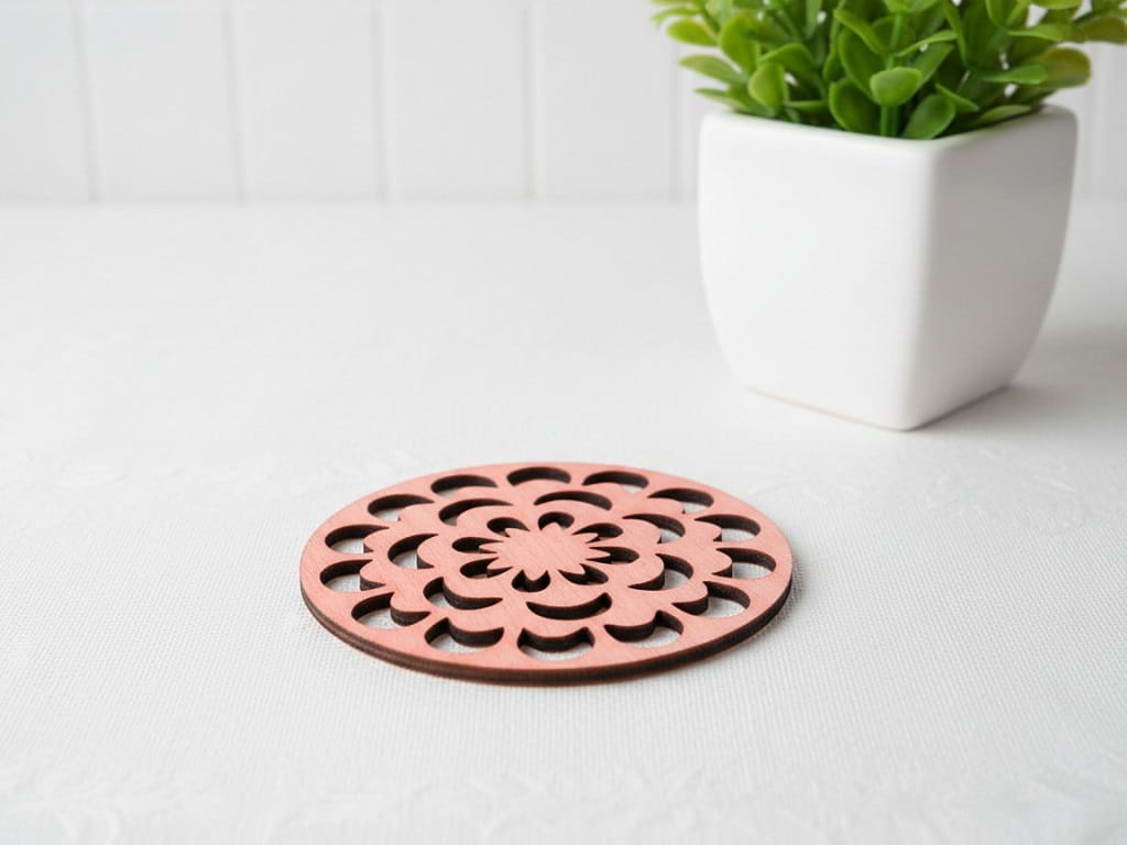 Laser Cut Wooden Drink Coaster with Floral Mandala Design