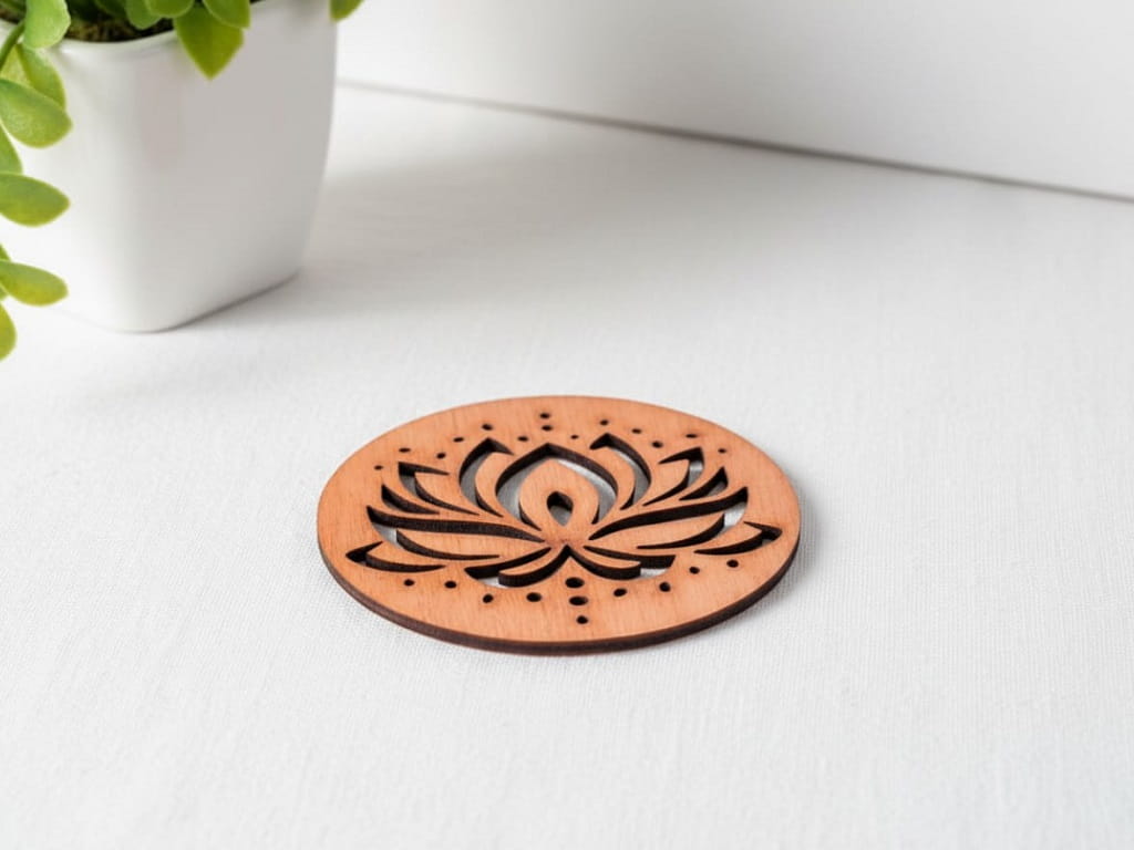 Laser Cut Wooden Drink Coaster with Lotus Flower Design