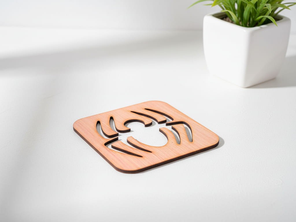 Laser Cut Wooden Drink Coaster with Spider Cutout Design