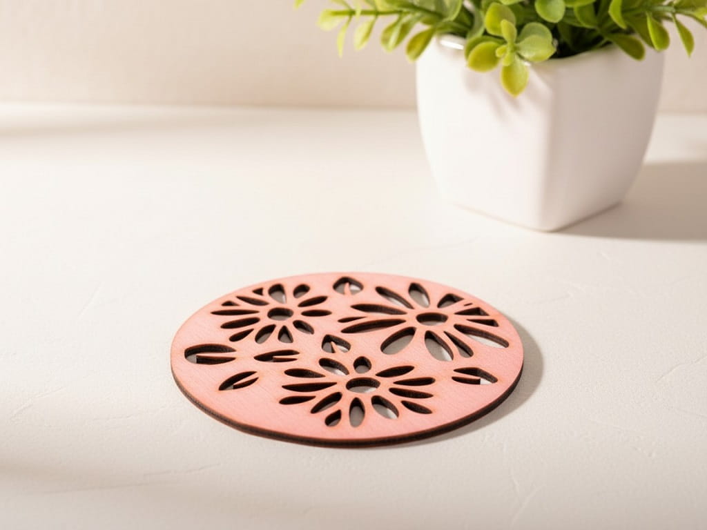 Laser Cut Round Floral Wooden Tea Coaster