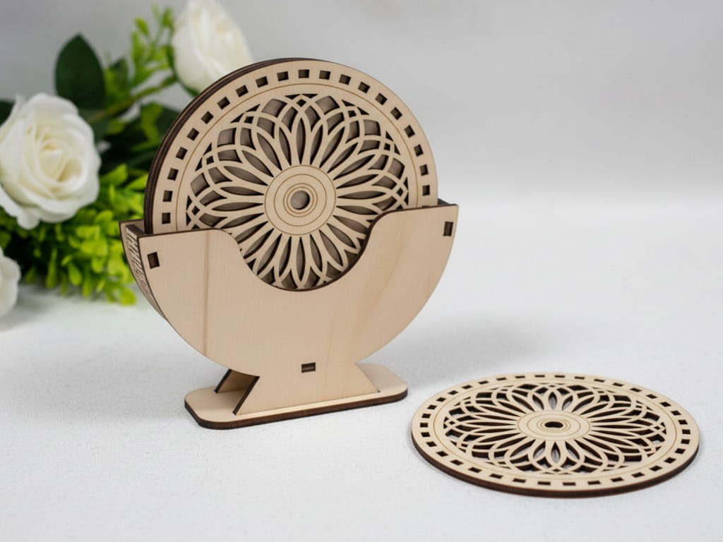 Laser Cut Decorative Coaster Set with Stand