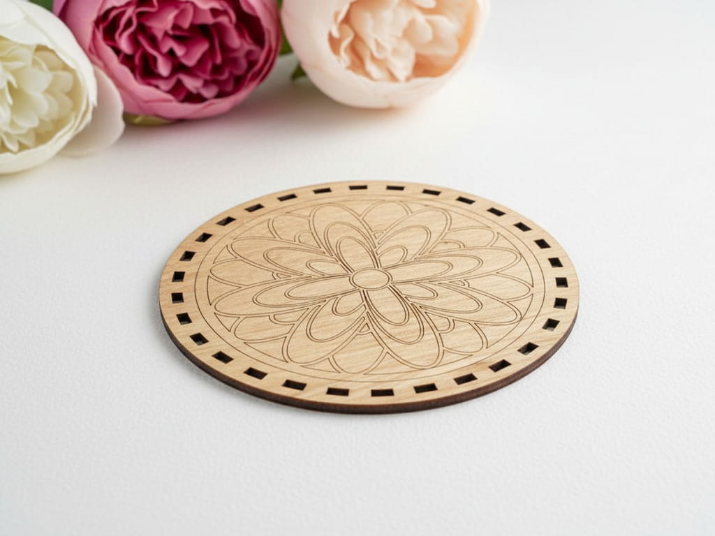 Laser Cut Floral Engraved Wooden Coaster with Holder