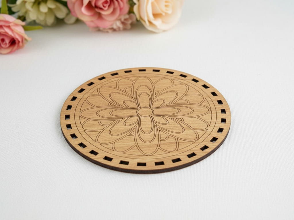 Laser Cut Floral Engraved Wooden Coaster with Holder