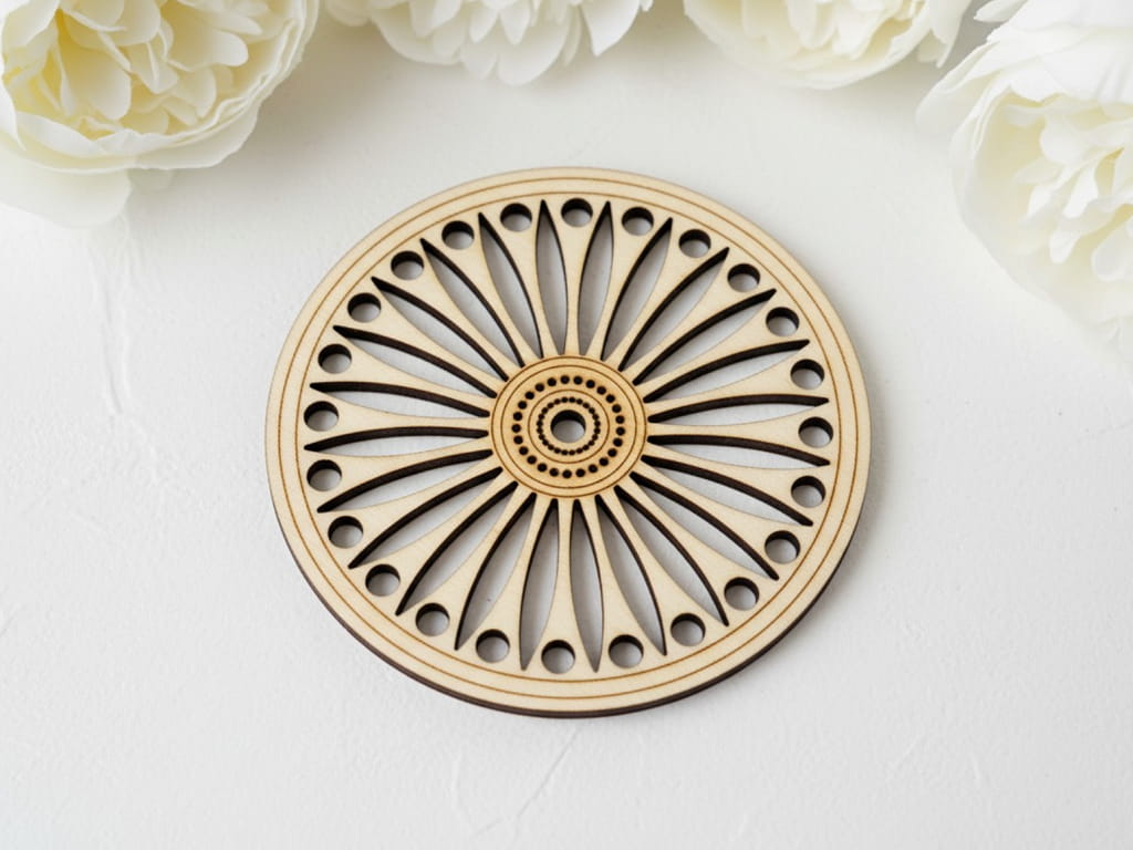 Laser Cut Wooden Geometric Mandala Coaster with Holder