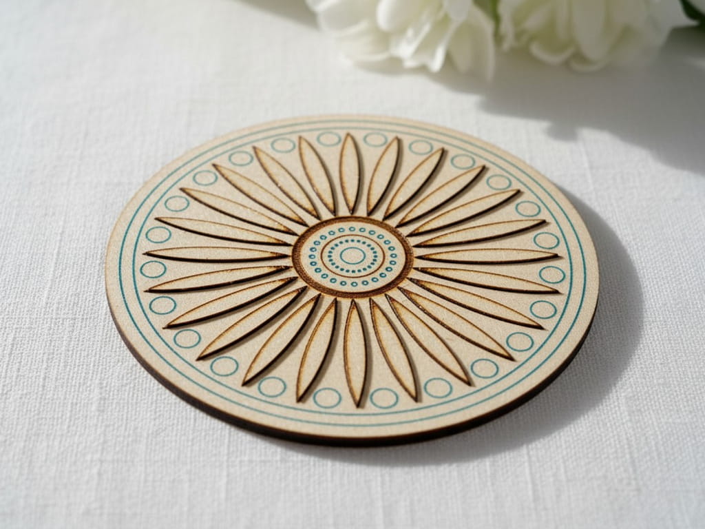 Laser Cut Wooden Geometric Mandala Coaster with Holder